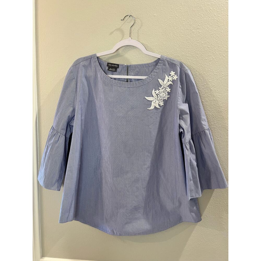 Van Heusen Women's Blue White Stripe Bell Sleeve Embroidered Size XL Top